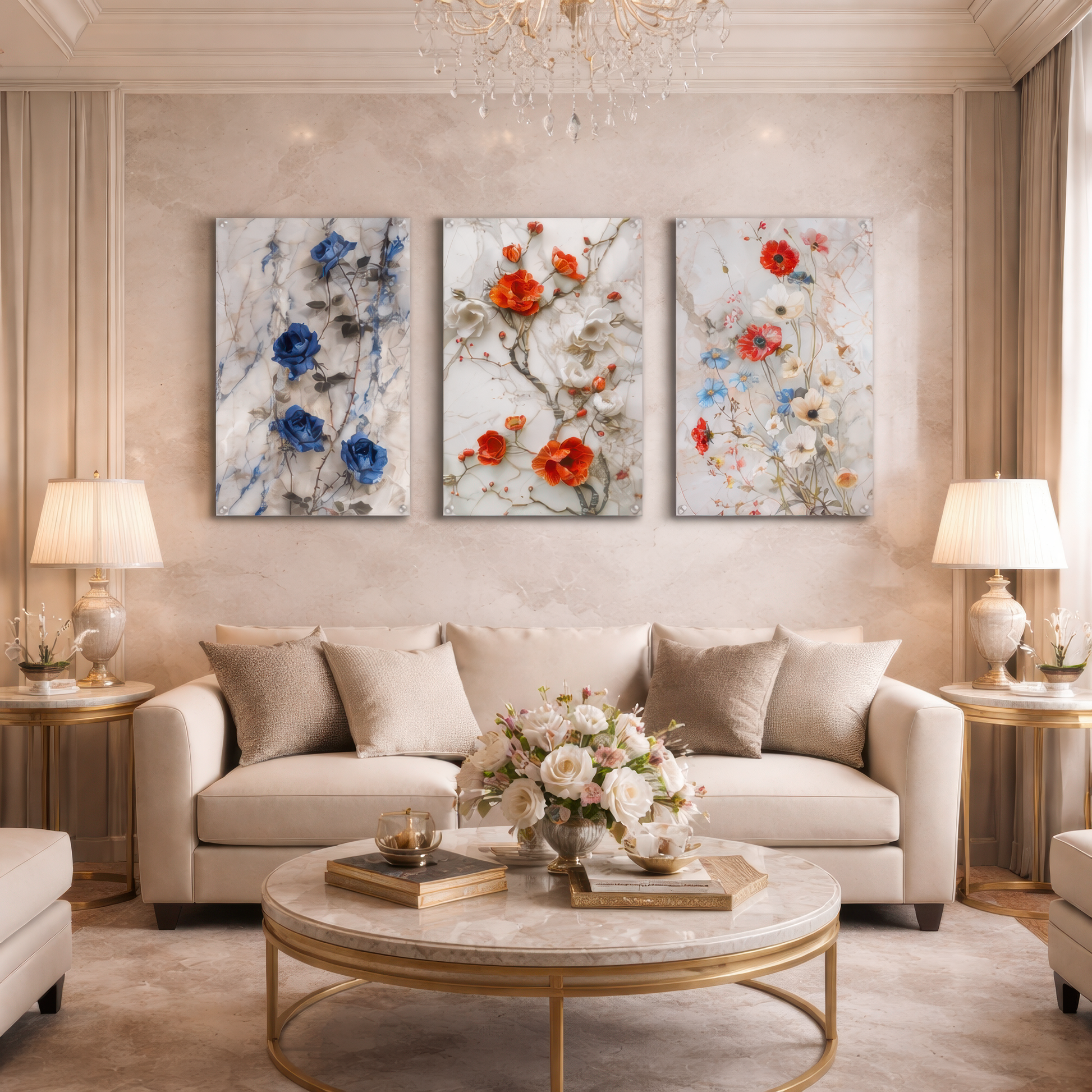 Luxury floral marble wall art triptych installed above beige sofa in elegant living room interior with chandelier and gold coffee table