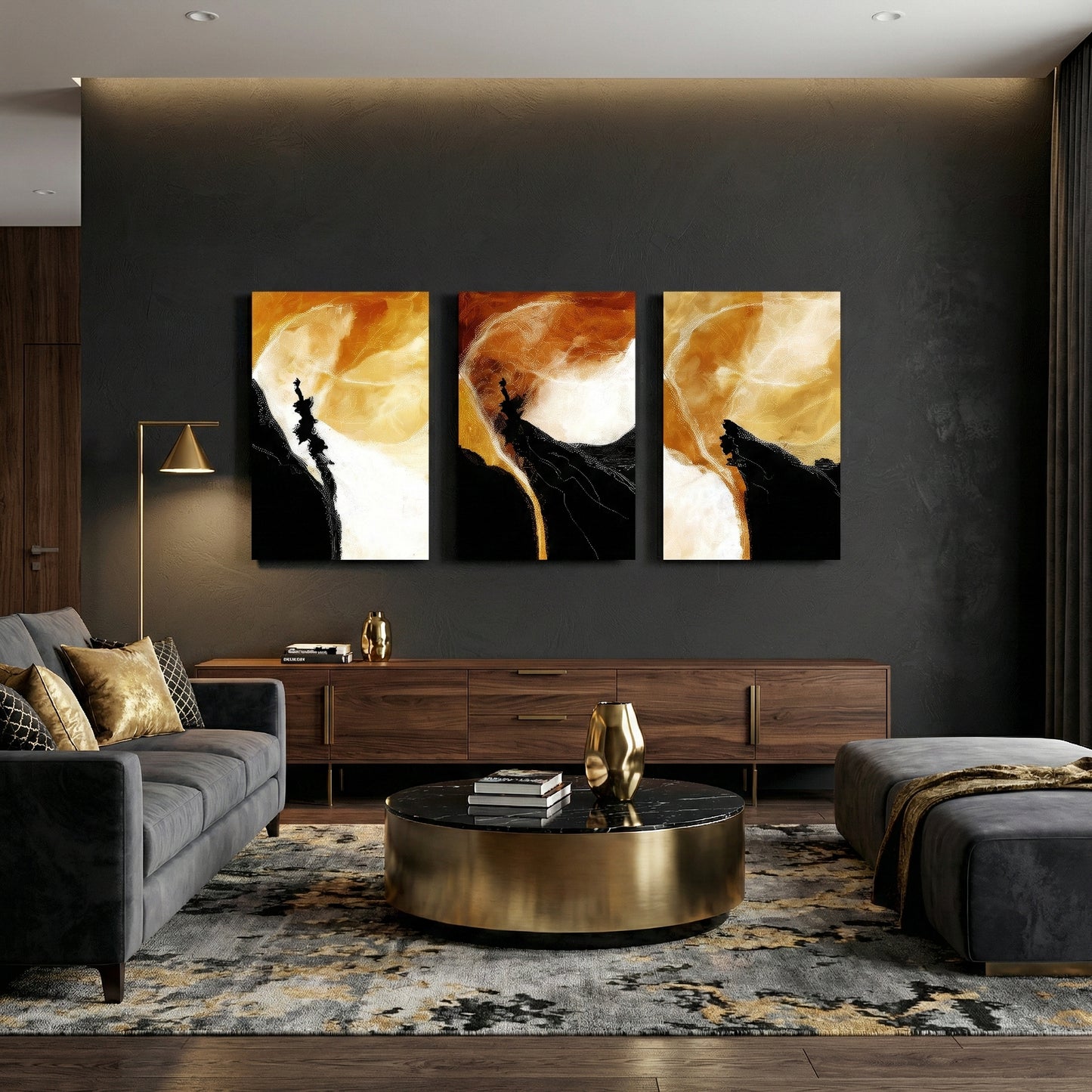 Orange and black abstract triptych canvas wall art displayed above console in luxury living room — contemporary décor piece.