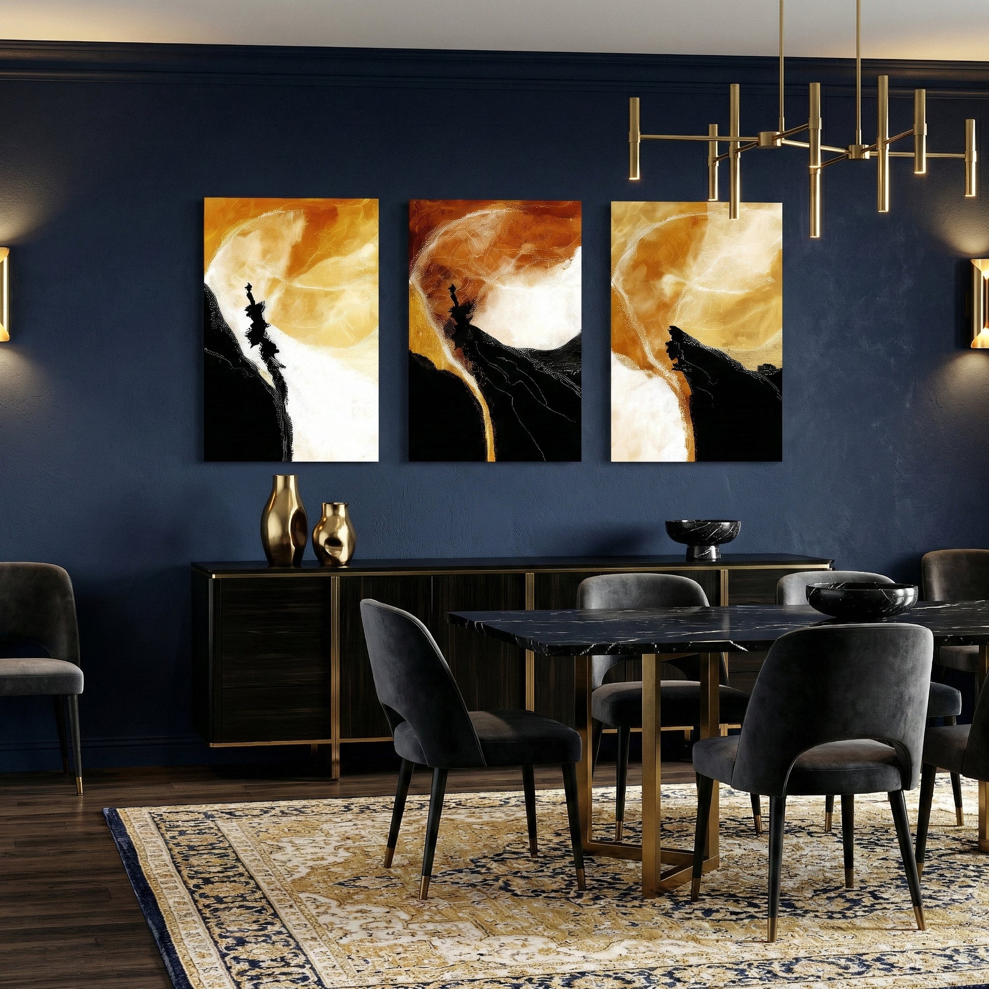 Orange, black and white abstract triptych canvas art displayed in luxury sitting room interior — stylish wall décor.