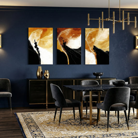 Orange, black and white abstract triptych canvas art displayed in luxury sitting room interior — stylish wall décor.