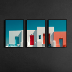 Three panel Mediterranean architecture wall art with turquoise and red doors, slim black metal frames mounted on dark textured wall, bold geometric composition