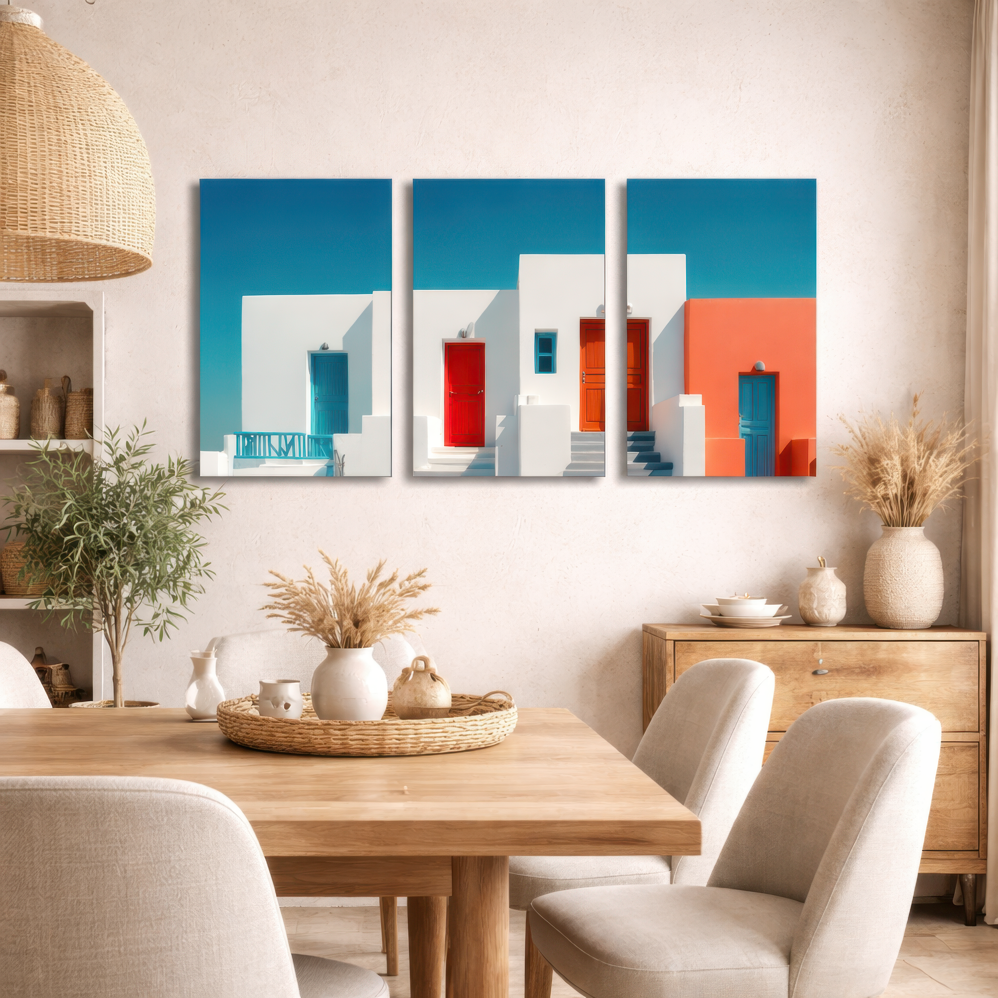 Three panel minimalist Greek island architecture wall art above beige sofa in warm neutral sitting room, vibrant blue and coral accents balancing soft interior tones