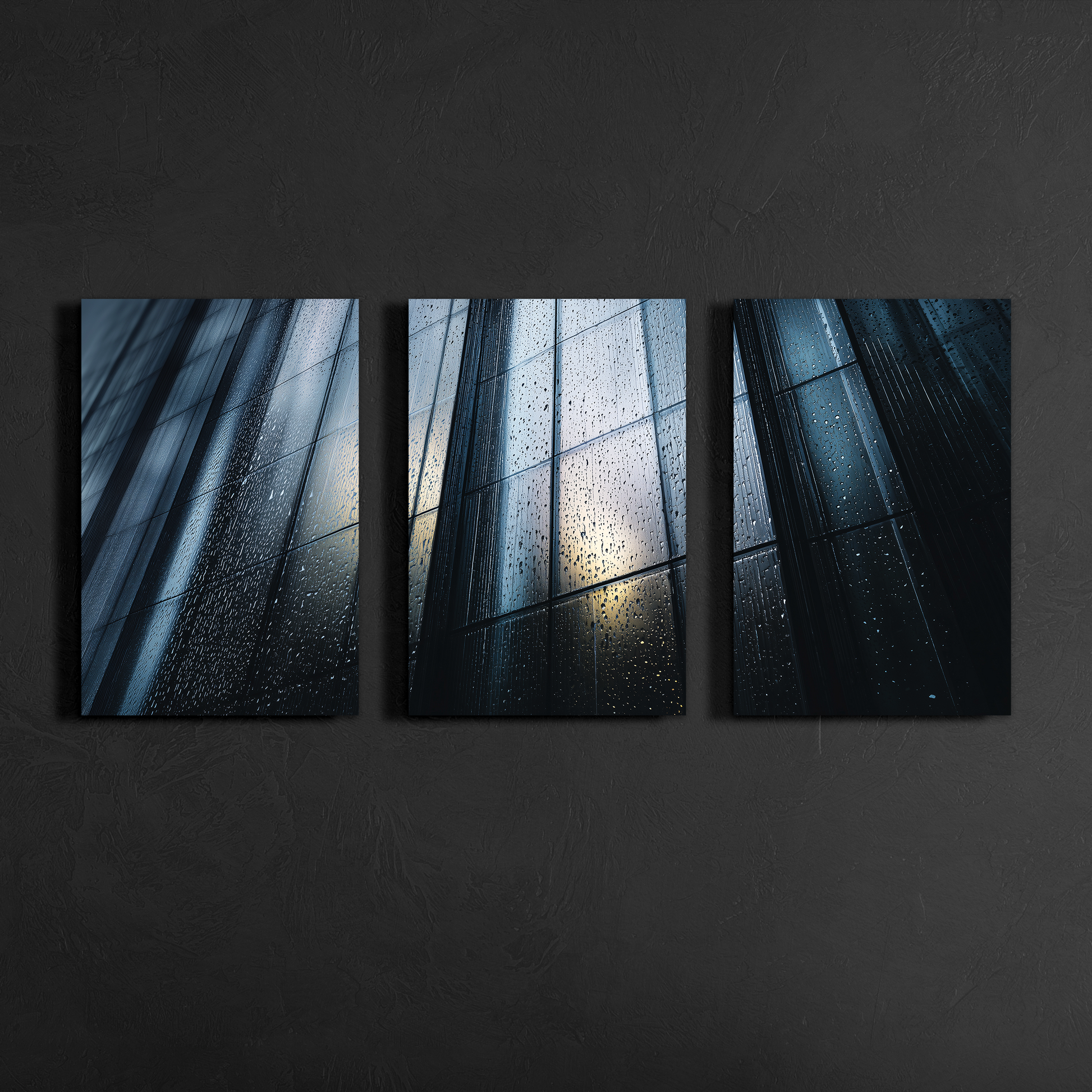 Front view of modern architectural triptych wall art showing reflective skyscraper windows with rain detail, floating smooth aluminum panels on charcoal wall