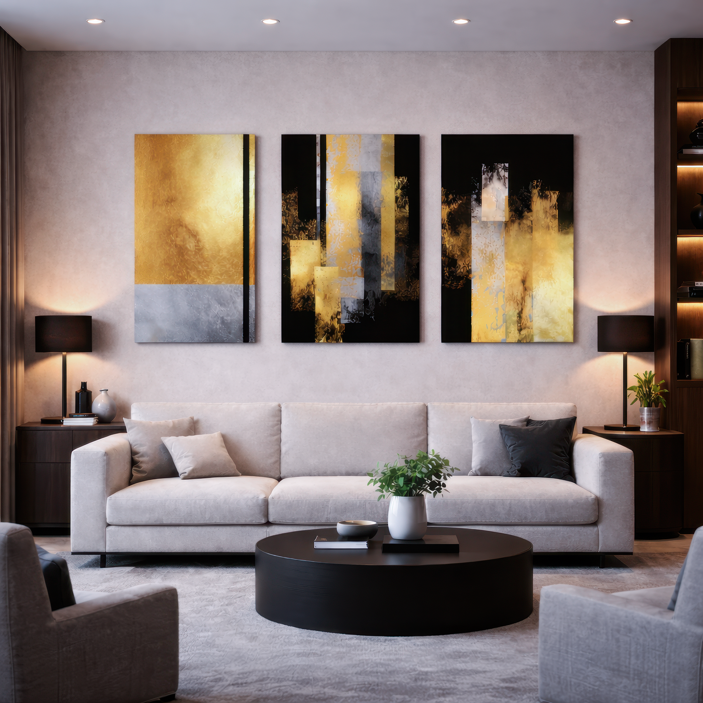 Modern gold and black abstract art displayed above sofa in a chic living room, luxury wall art.