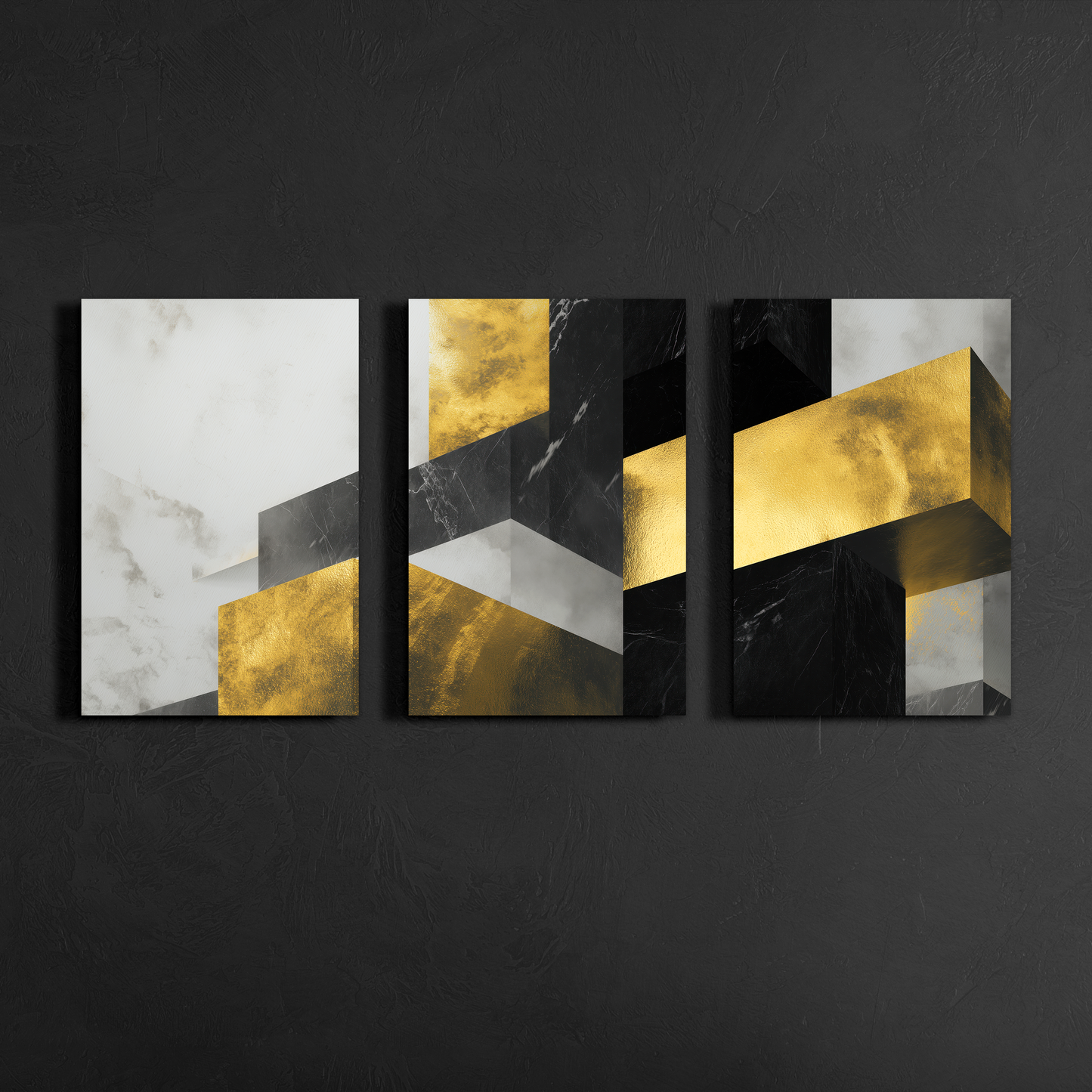 Black, grey and gold abstract geometric triptych canvas art on textured black wall — modern decorative wall art.