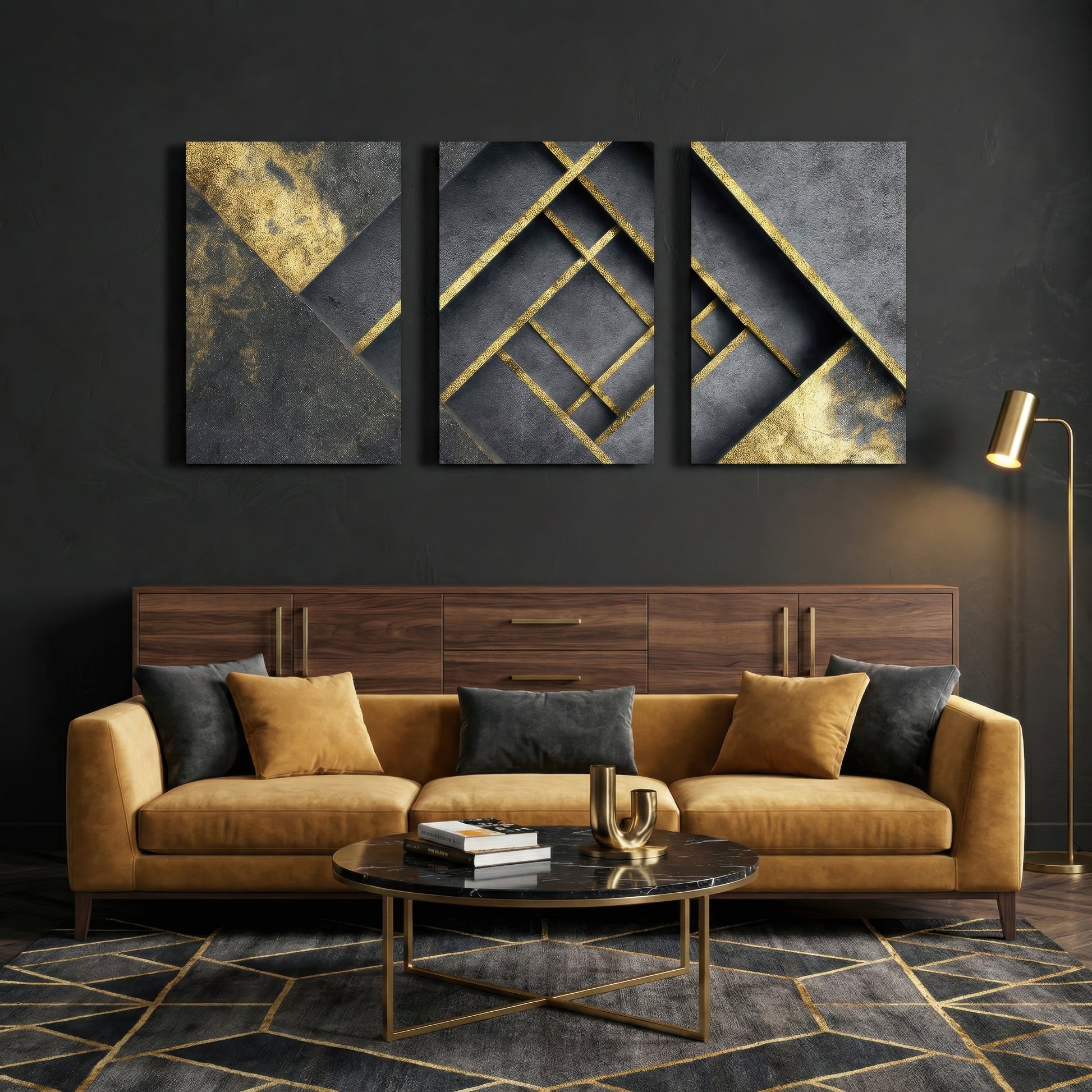 Black and gold geometric abstract triptych canvas art hanging above sofa in stylish living room — contemporary wall décor.