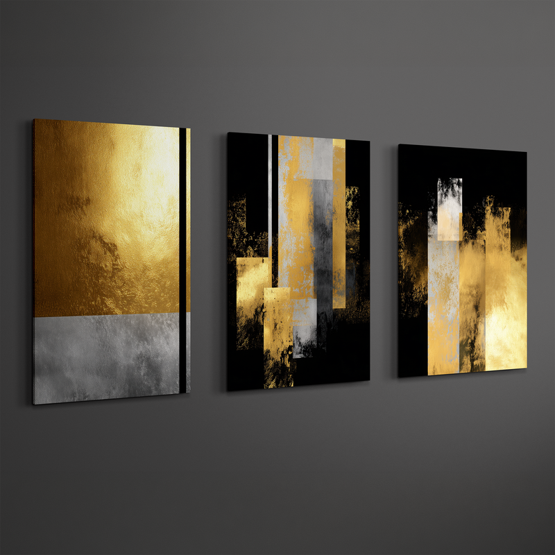 Modern gold and black abstract wall art triptych with metallic accents, contemporary living room decor.