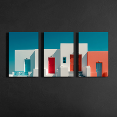 Front view of three panel Mediterranean facade wall art featuring white cubic buildings and vibrant doors, smooth aluminum panels with sharp edge detail