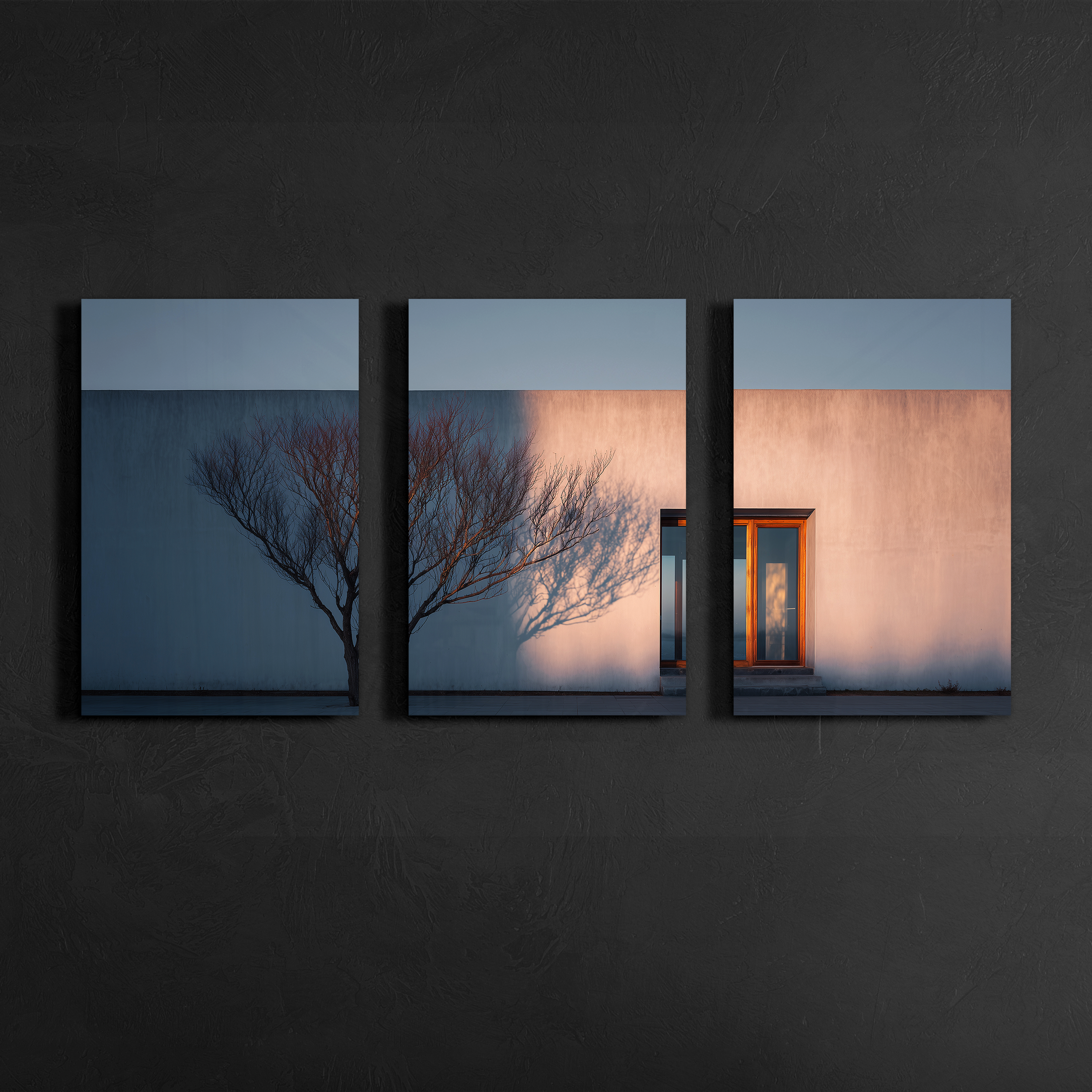 Front view of three panel minimalist building facade wall art with soft evening light and tree shadow, smooth non brushed aluminum panels with clean edge detail