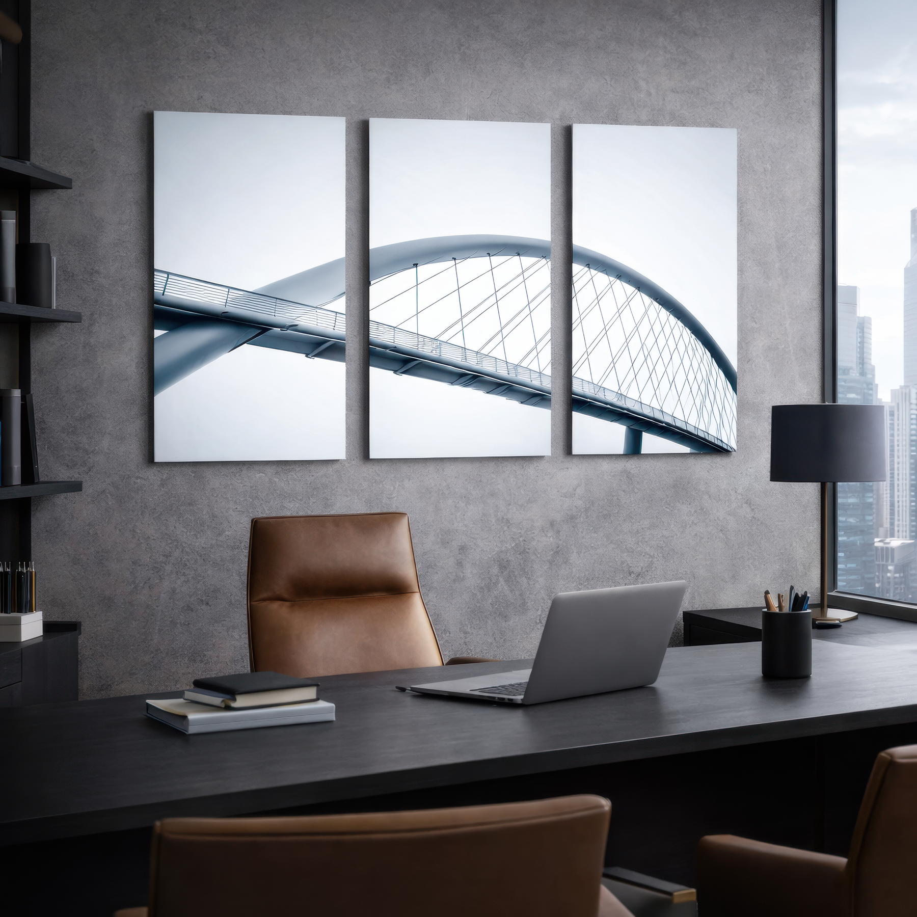 Clean architectural bridge triptych wall art above dark desk in contemporary office interior, minimalist steel lines and neutral tones printed on premium aluminum