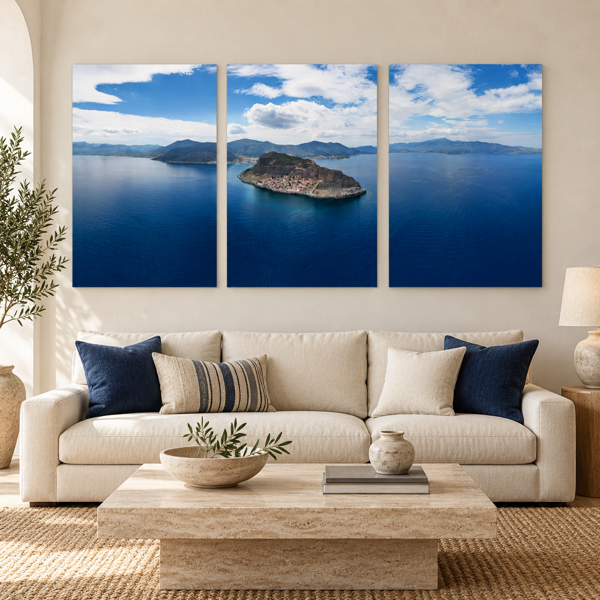 Monemvasia Castle Wall Art: Greek Coastal Triptych, 3 Panel Panoramic Print Set