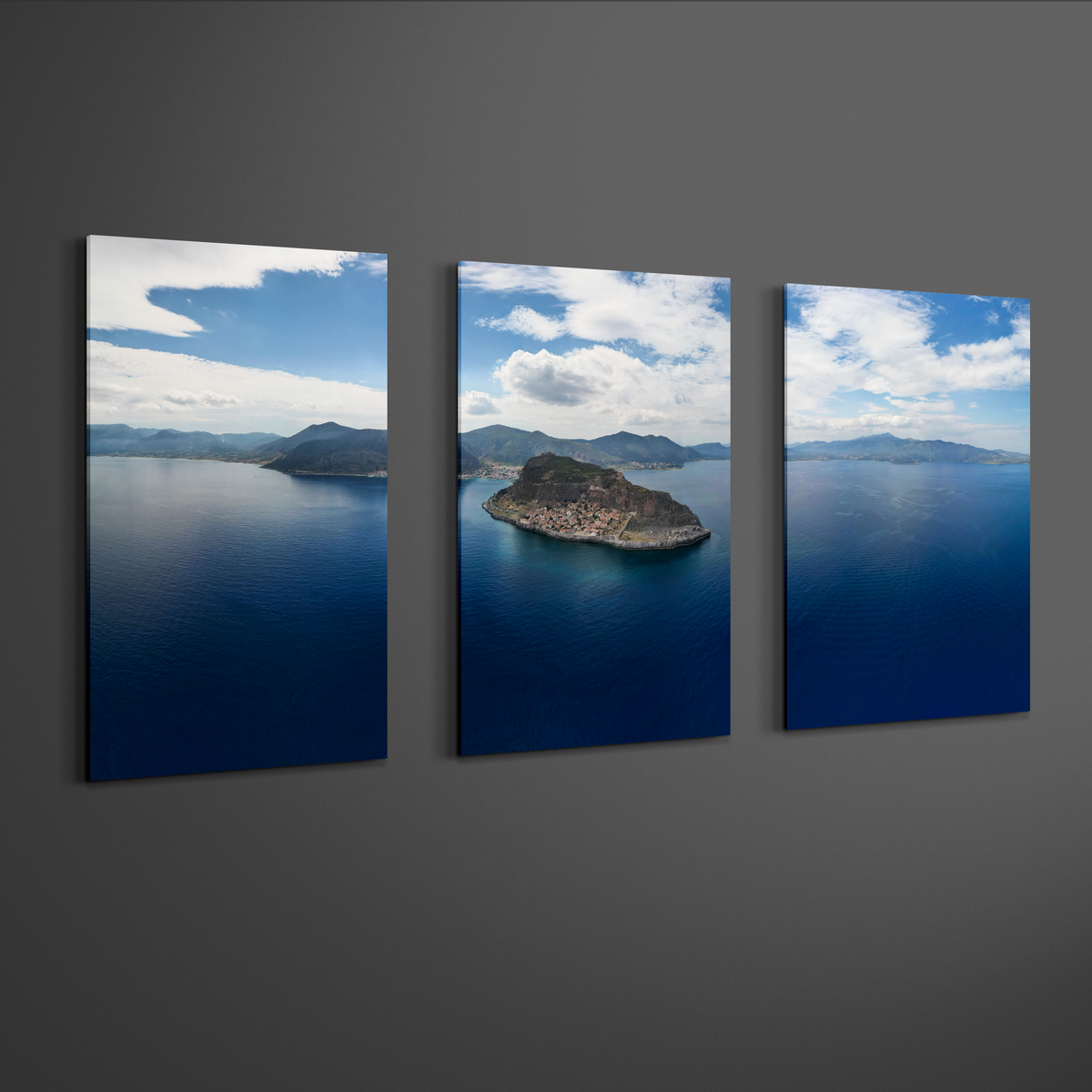 Monemvasia Castle Wall Art: Greek Coastal Triptych, 3 Panel Panoramic Print Set