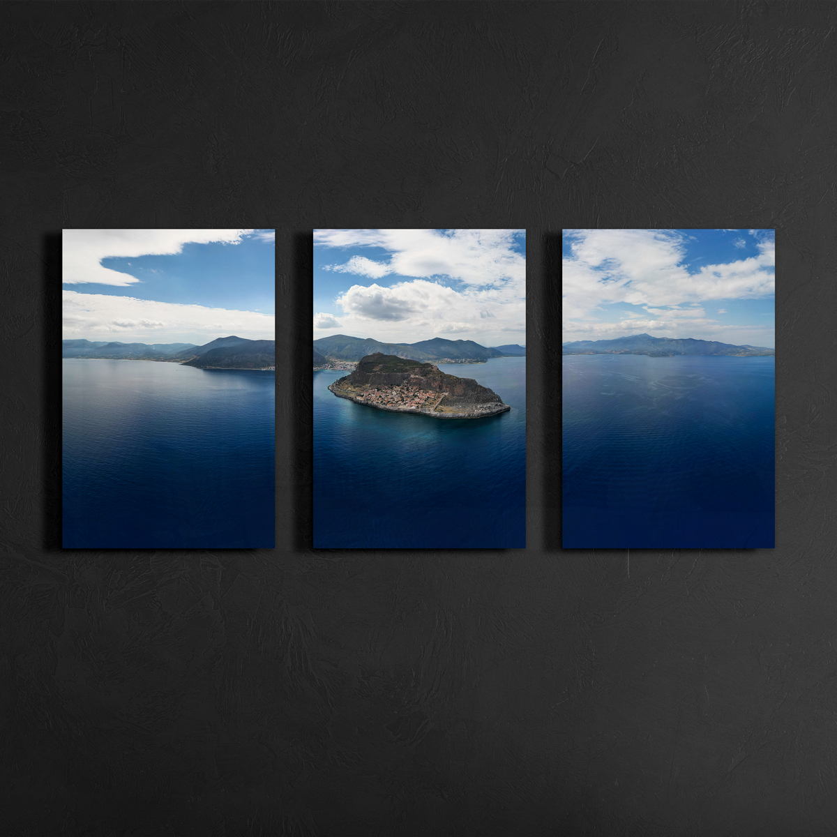 Monemvasia Castle Wall Art: Greek Coastal Triptych, 3 Panel Panoramic Print Set