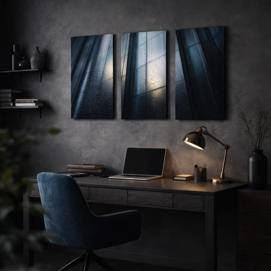 Three panel architectural photography wall art showing rain covered glass skyscraper, installed above dark wooden desk in modern executive office, smooth aluminum prints creating refined focal point