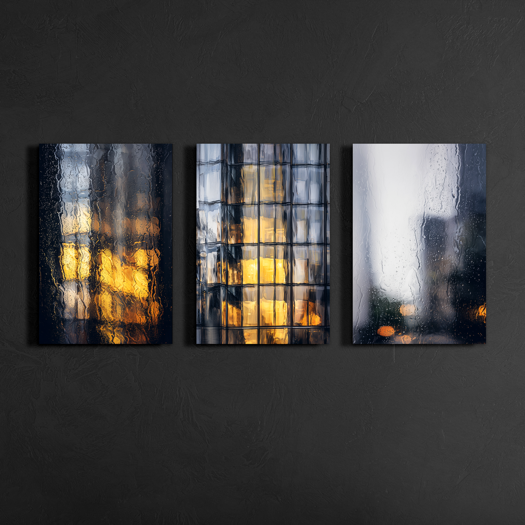 Modern three panel cityscape wall art featuring rain blurred skyscraper windows and glowing amber reflections, mounted as floating aluminum prints on dark wall