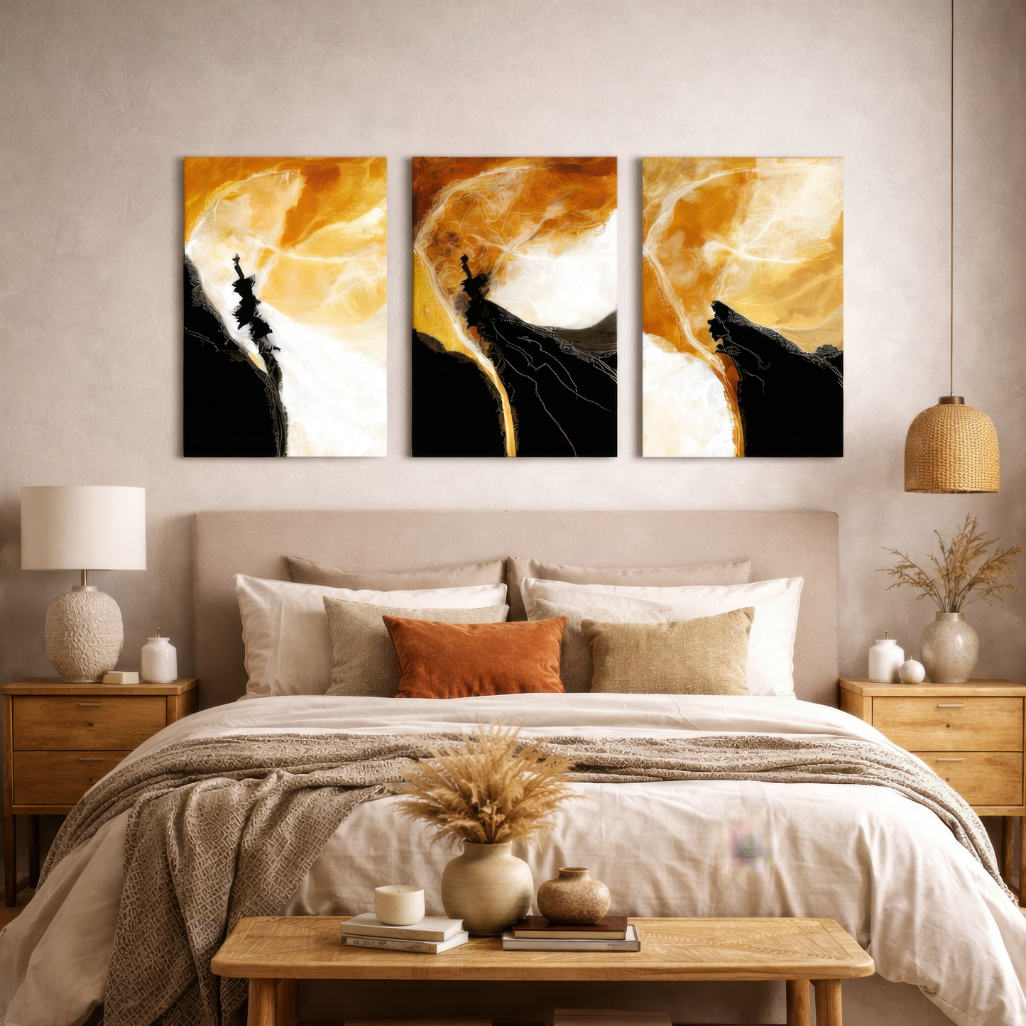 Orange, black and white abstract triptych canvas art hanging above bed in bedroom — modern interior wall décor.