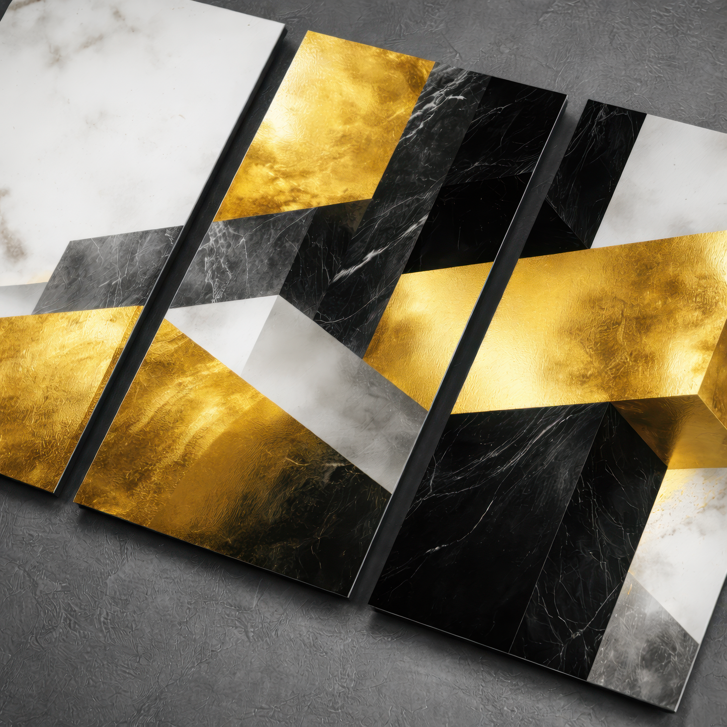 Top view close-up of premium abstract gold, black and white canvas art — detailed geometric print texture