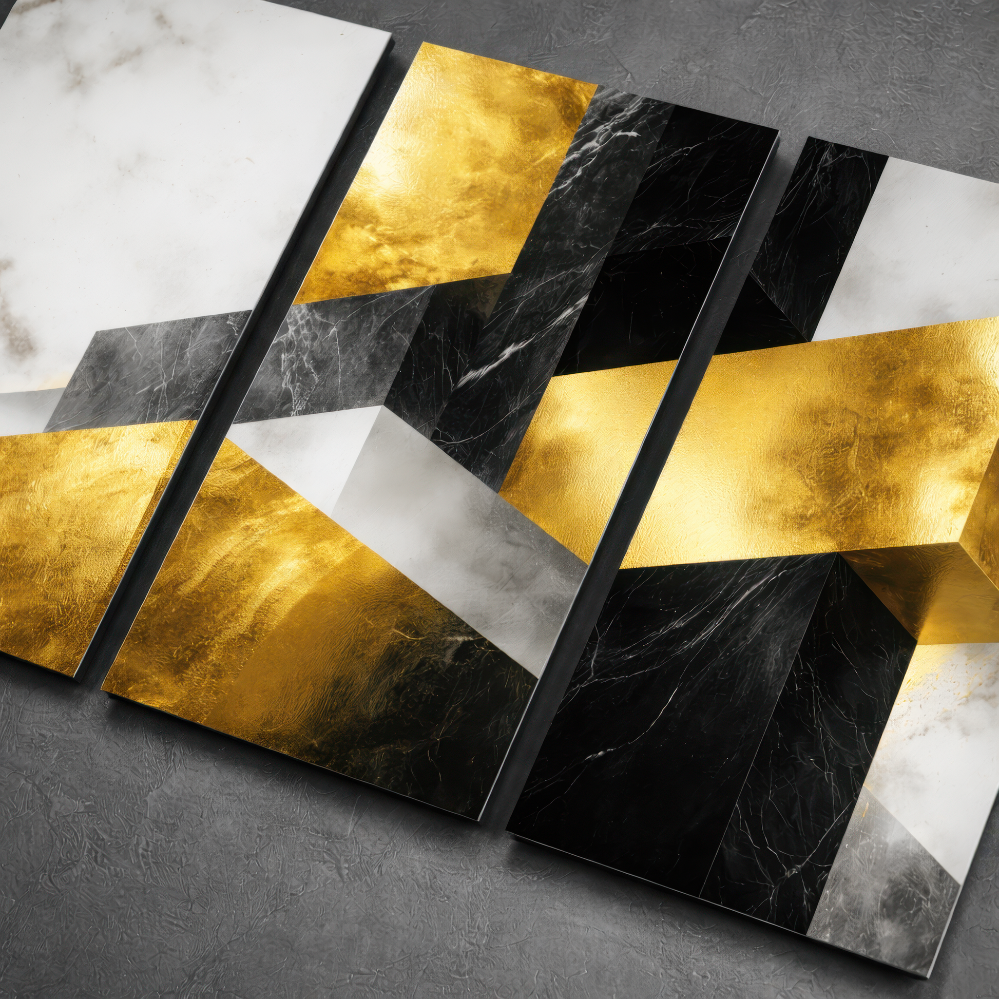 Top view close-up of premium abstract gold, black and white canvas art — detailed geometric print texture
