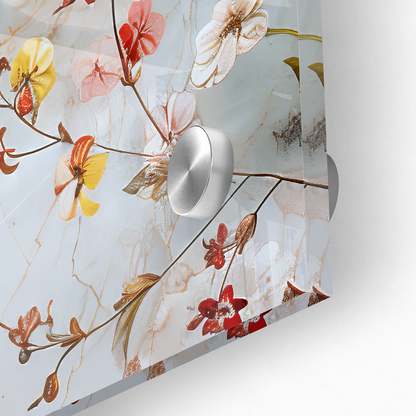 Close up of glossy acrylic glass wall art panel showing polished edge thickness and floating metal standoff mount with floral marble design