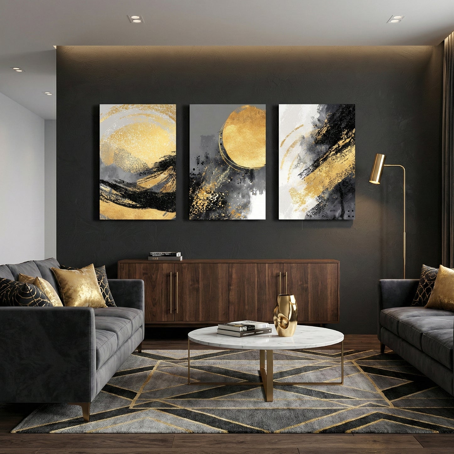 Black, grey and gold abstract triptych canvas art displayed above blue sofa in luxurious living room — stylish wall décor.