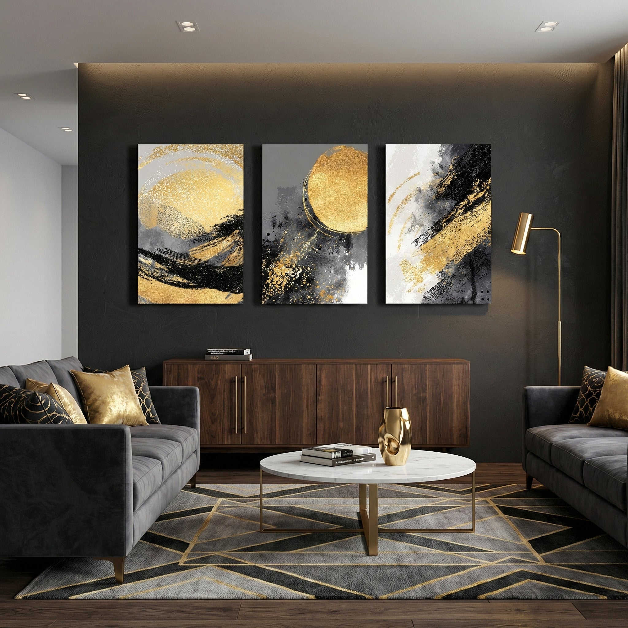 Black, grey and gold abstract triptych canvas art displayed above blue sofa in luxurious living room — stylish wall décor.