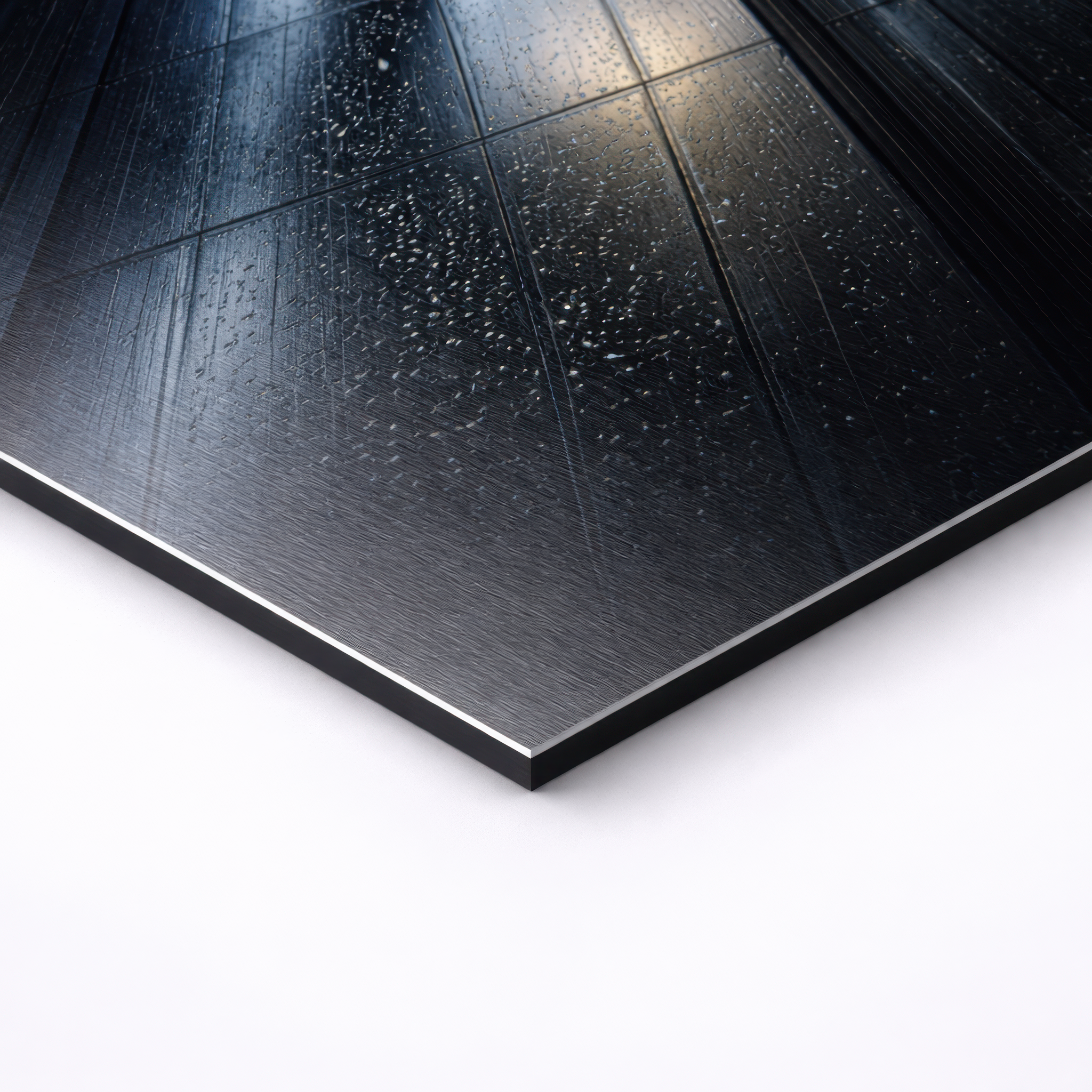 Close-up angled view of non brushed aluminum wall art showing rain droplets on modern glass facade, sharp edges and slim 3mm profile visible