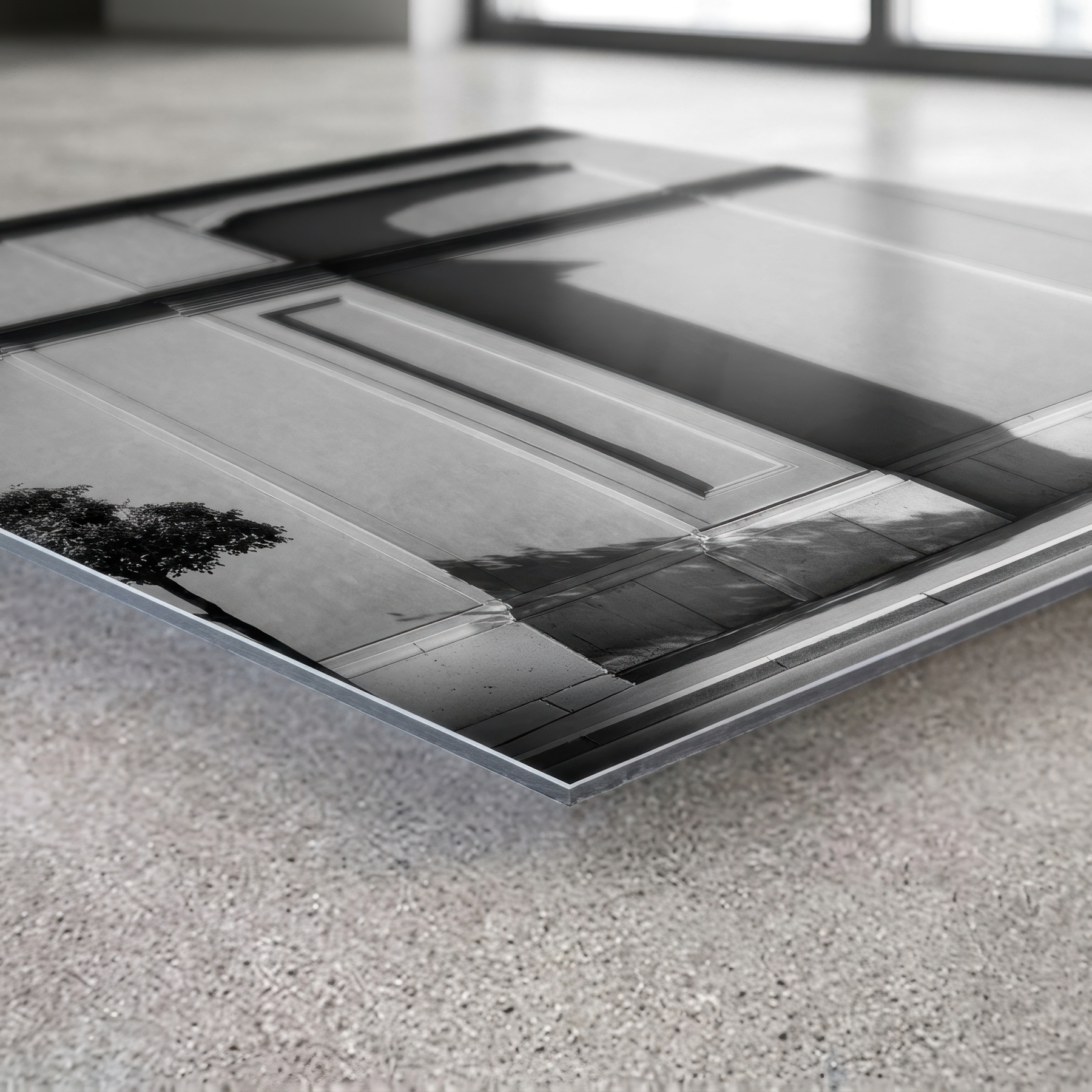 Close up corner view of black and white architectural wall art printed on smooth non brushed aluminum, sharp 3mm edge and crisp surface finish