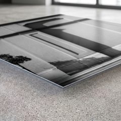 Close up corner view of black and white architectural wall art printed on smooth non brushed aluminum, sharp 3mm edge and crisp surface finish