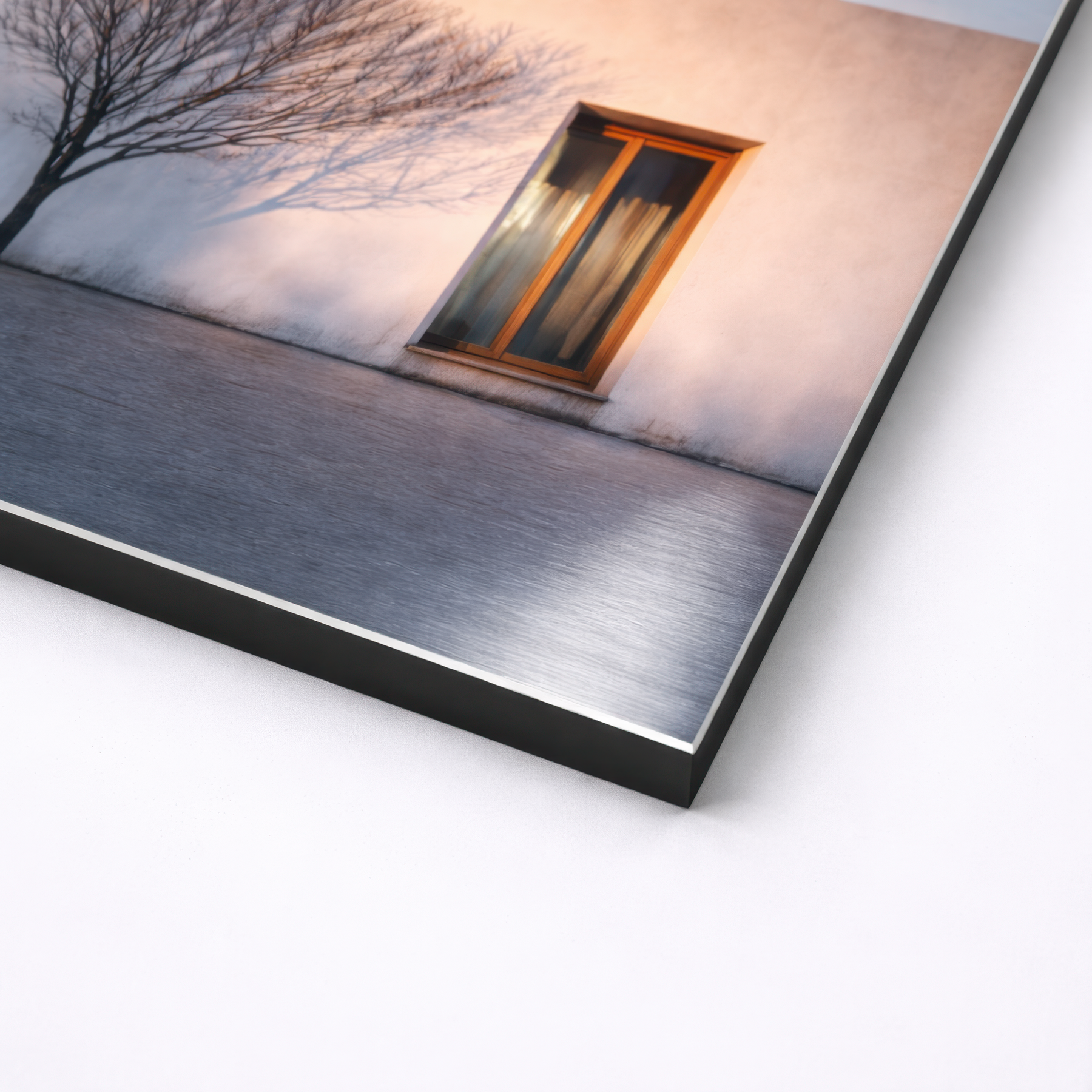 Close up angled view of minimalist architectural wall art printed on smooth non brushed aluminum, sharp black edge profile with slim 3mm thickness and matte surface finish