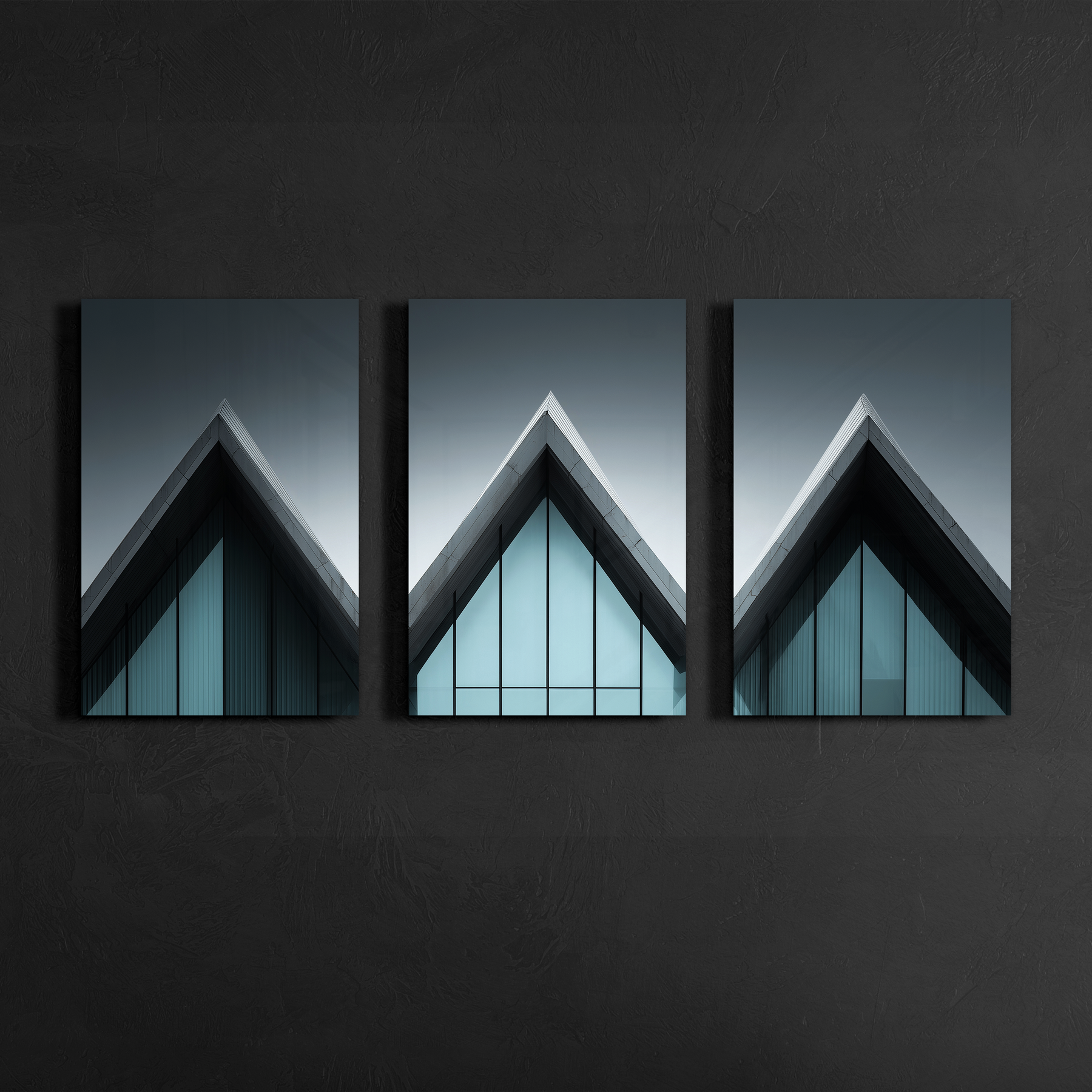 Three panel modern building apex artwork displayed on charcoal textured wall emphasizing symmetry and clean architectural lines