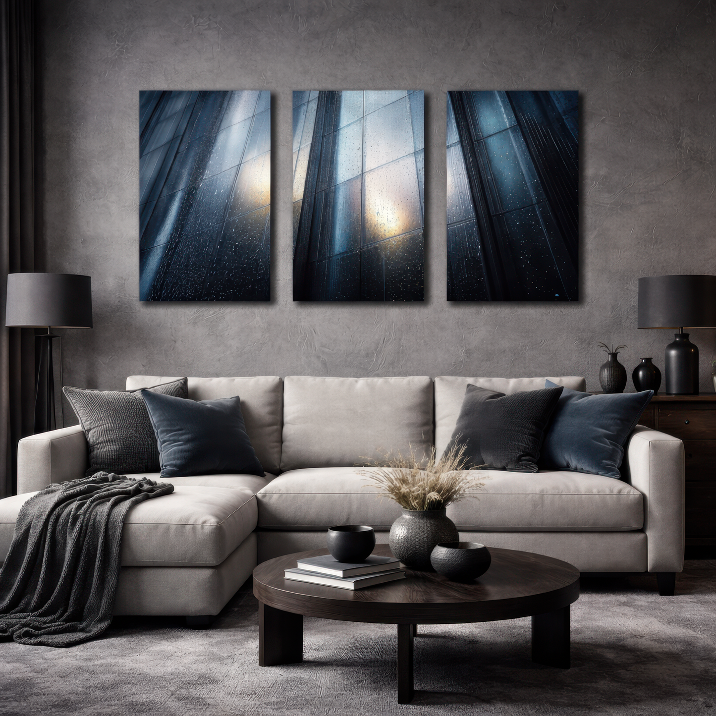 Three panel glass skyscraper wall art above light sofa in modern living room, cool blue urban photography printed on smooth aluminum creating calm refined atmosphere