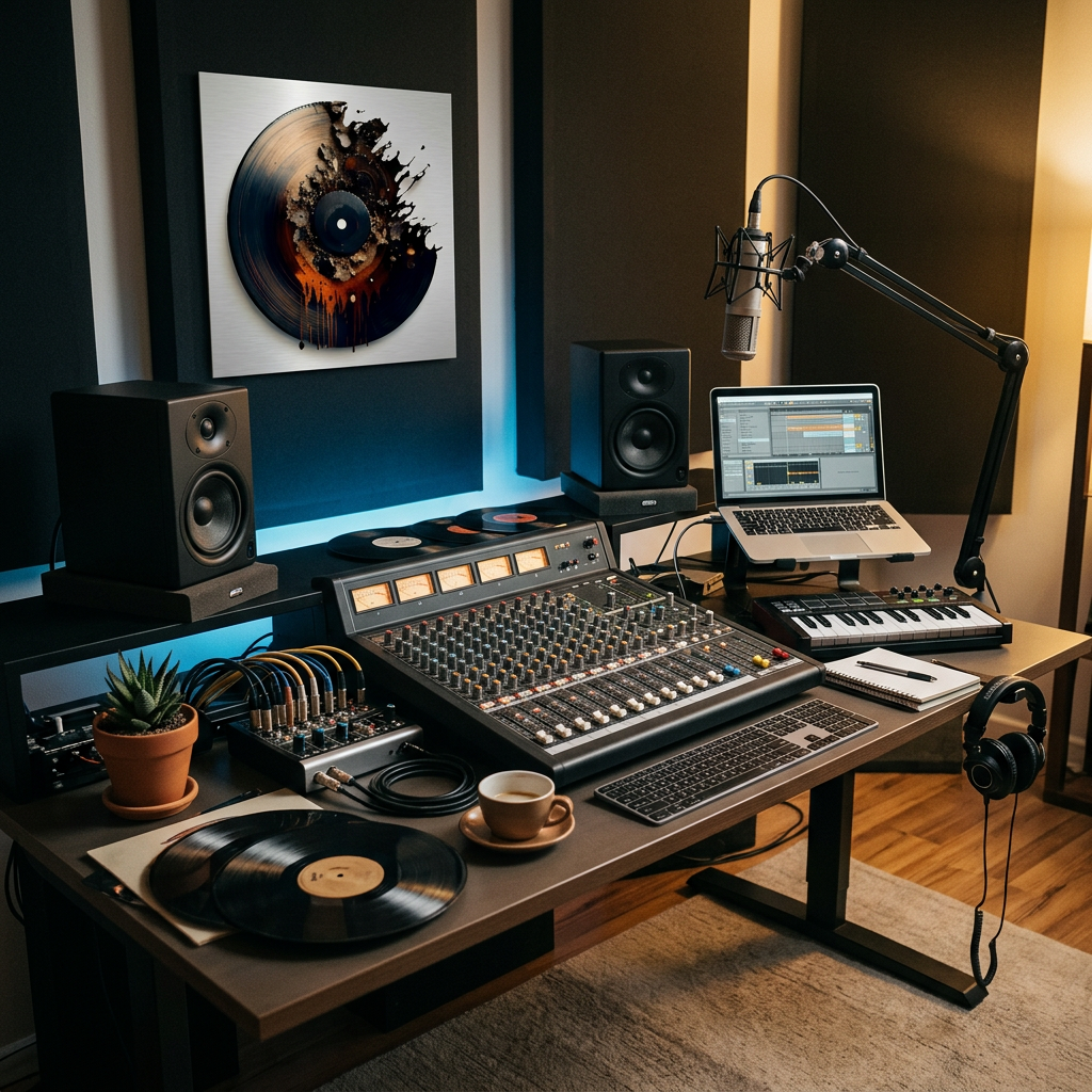 Music production setup with mixing console, laptop, speakers, and vinyl records on a desk.