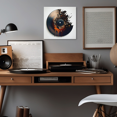 Metal print of abstract vinyl design above mid-century console