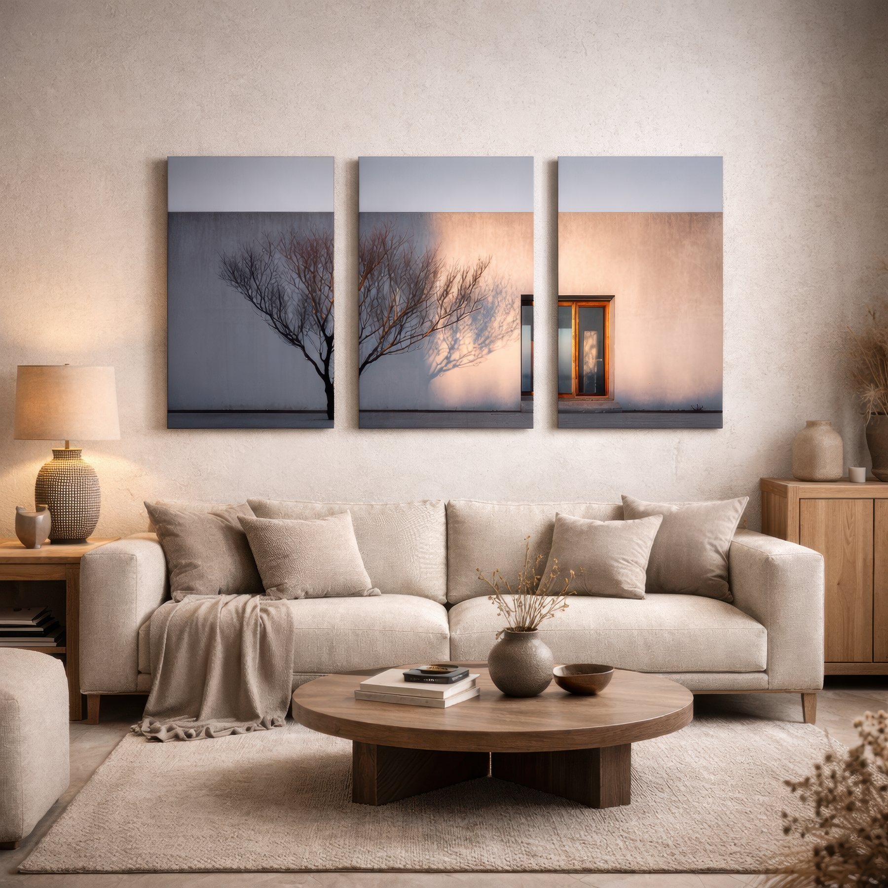 Three panel architectural wall art with soft sunset tones displayed above beige sofa in modern neutral living room, smooth aluminum print enhancing calm refined interior
