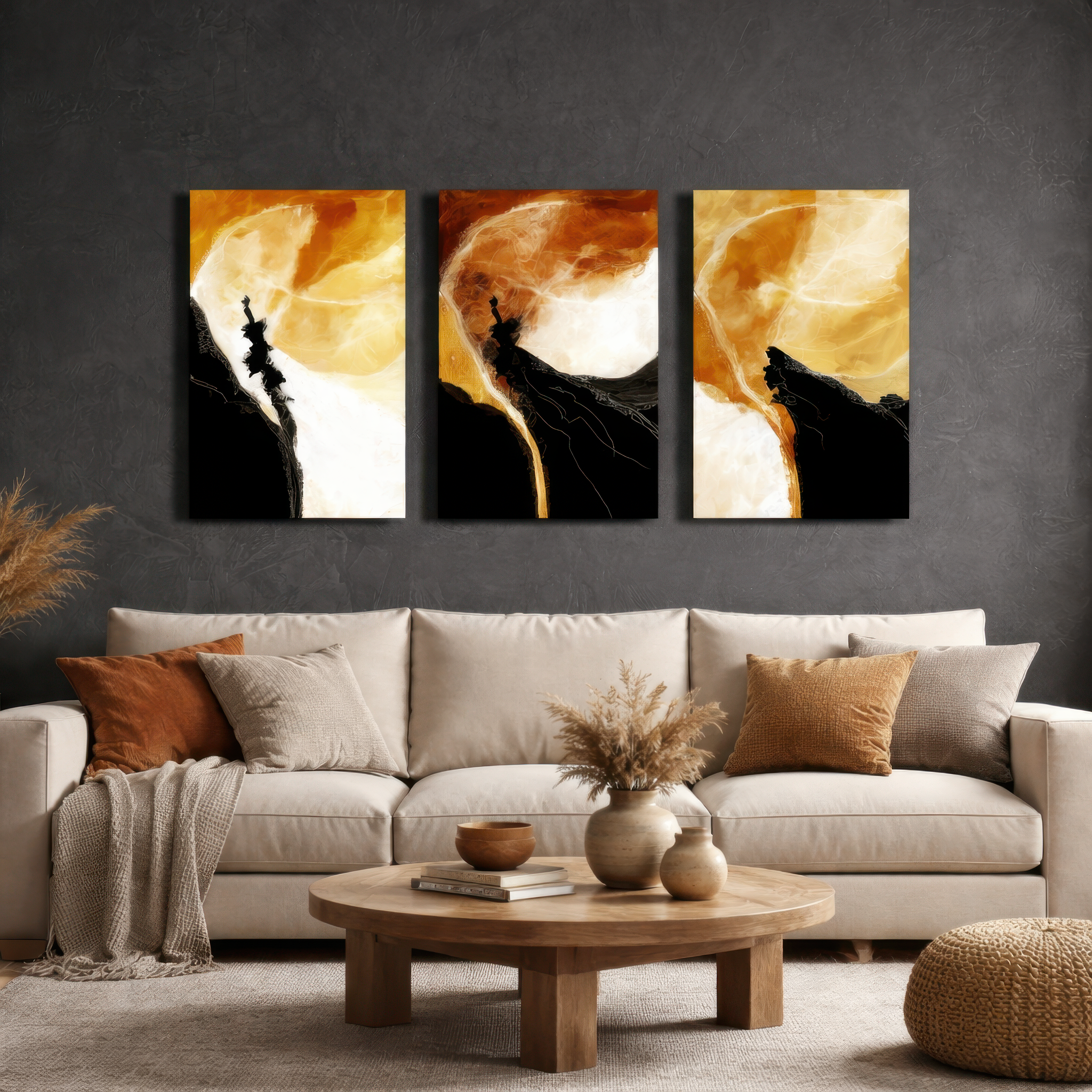 Warm orange, black and white abstract triptych canvas wall art displayed above sofa in modern living room — contemporary decorative wall art.