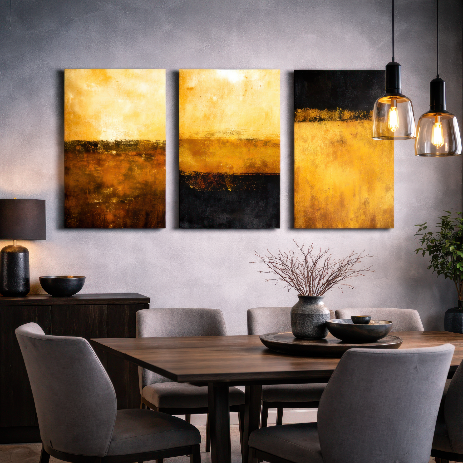 Triptych yellow and black abstract canvas wall art displayed above dining room table — modern interior décor.