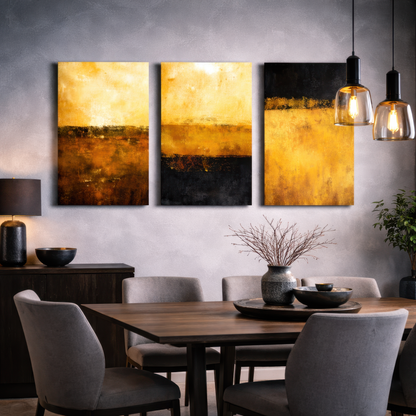 Triptych yellow and black abstract canvas wall art displayed above dining room table — modern interior décor.