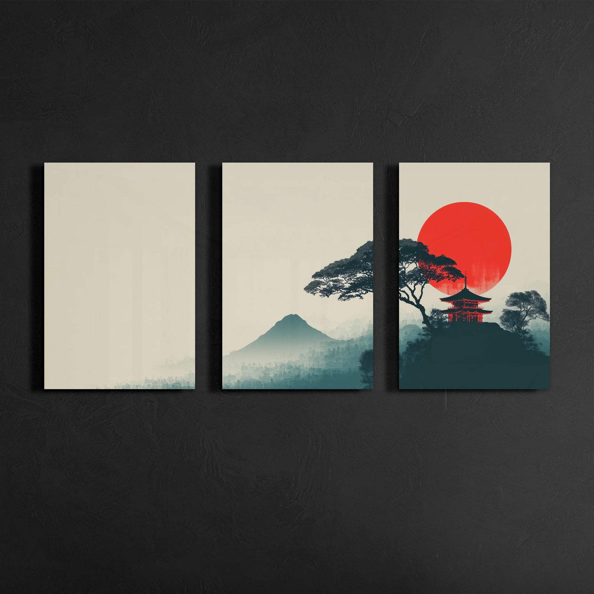 asian pagoda sunset landscape triptych wall art displayed on dark textured gallery wall