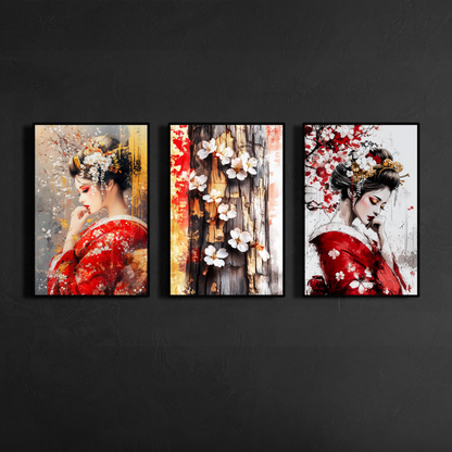framed japanese geisha triptych wall art on black textured gallery wall