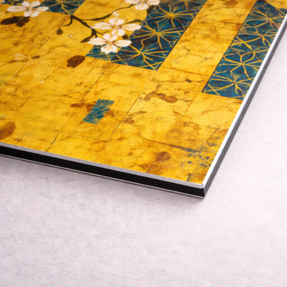 close up corner detail of gold japanese geisha wall art triptych aluminum print showing panel edge and texture