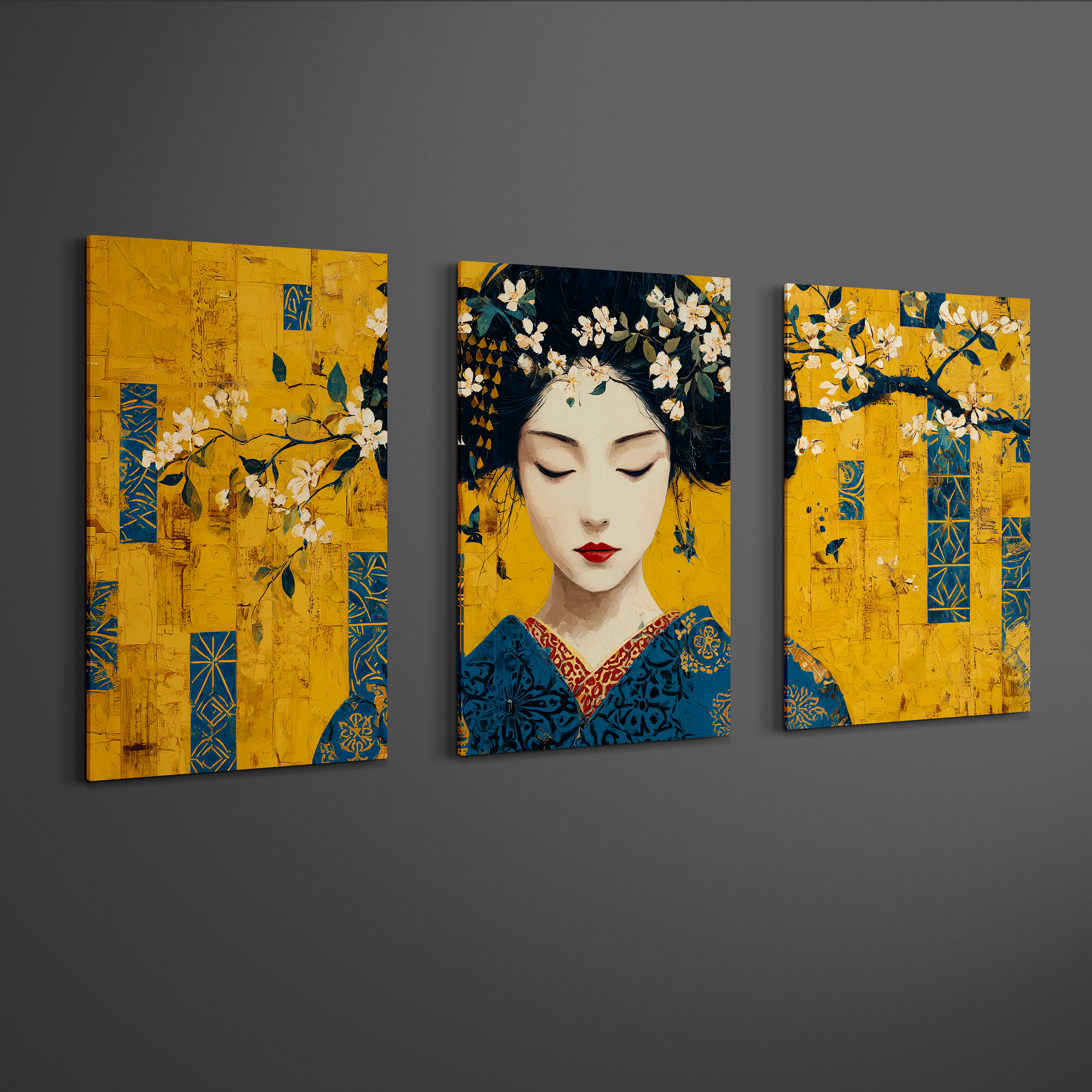angled gallery view of gold japanese geisha wall art triptych panels showing depth and spacing