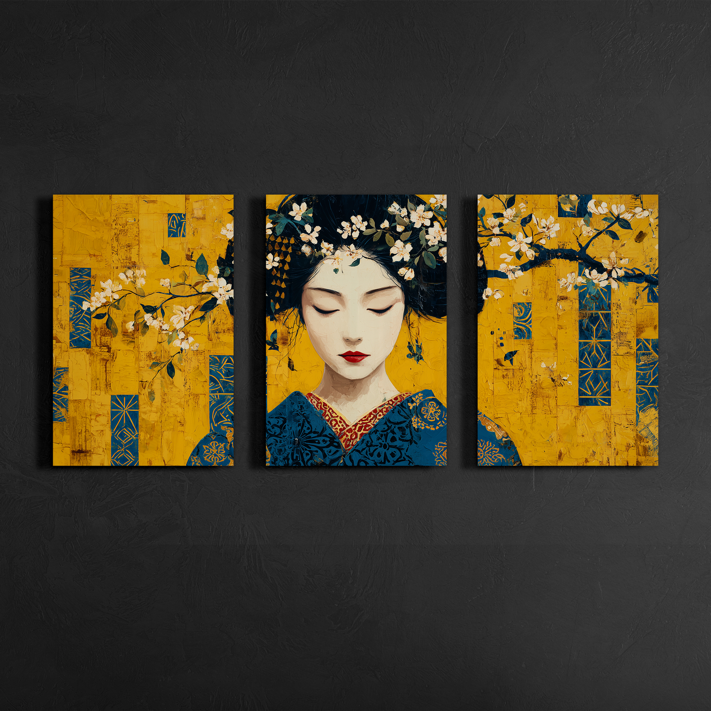 gold japanese geisha wall art triptych mounted on dark textured gallery wall interior