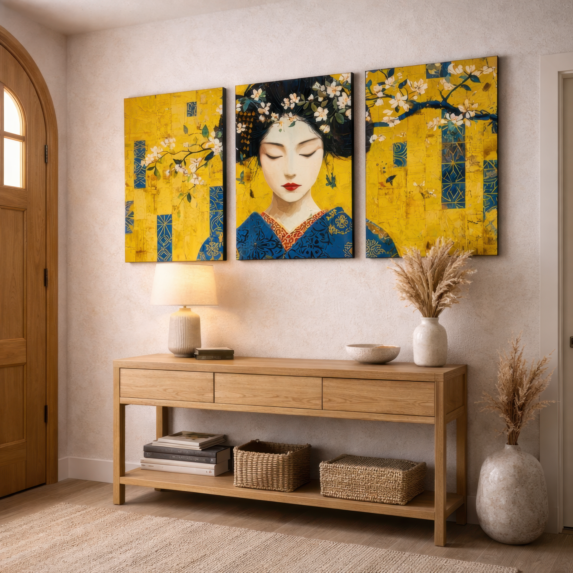 gold japanese geisha wall art triptych displayed above wooden console table in entryway interior