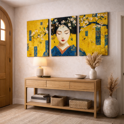 gold japanese geisha wall art triptych displayed above wooden console table in entryway interior