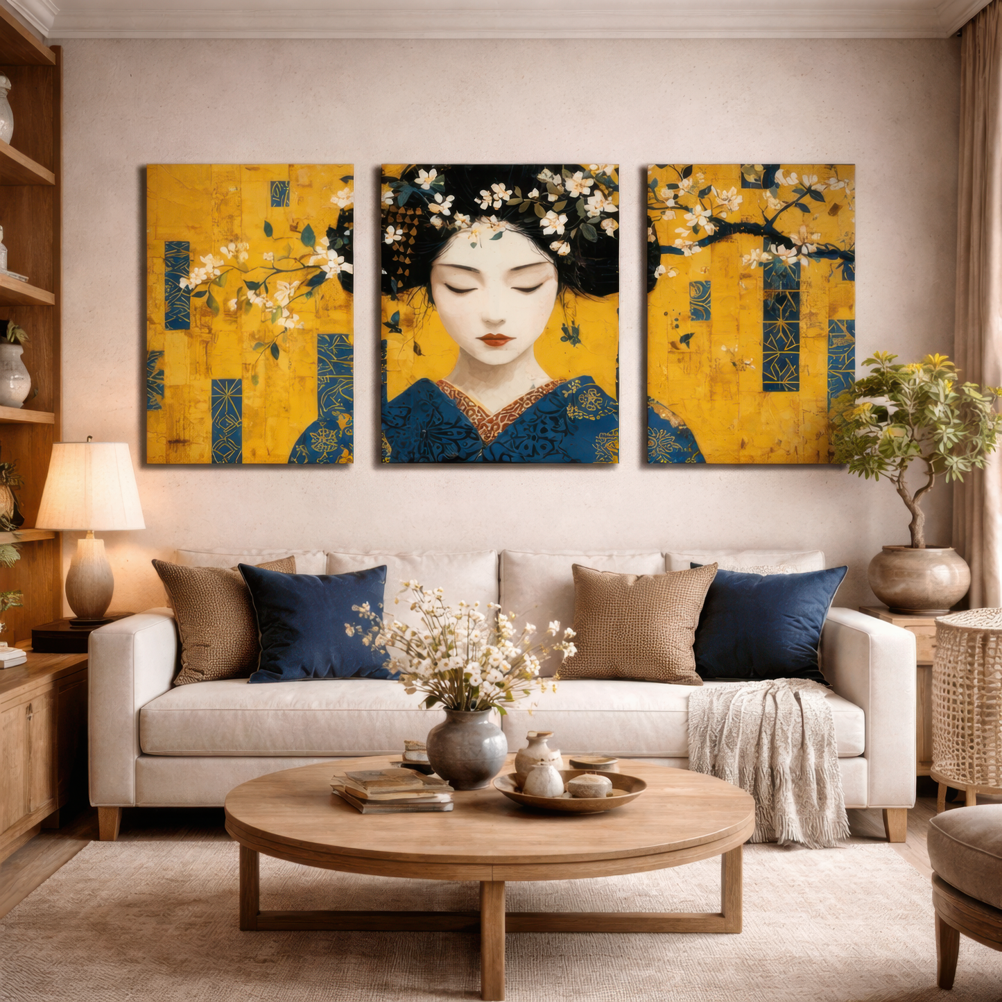 gold japanese geisha wall art triptych displayed above sofa in warm japandi living room interior