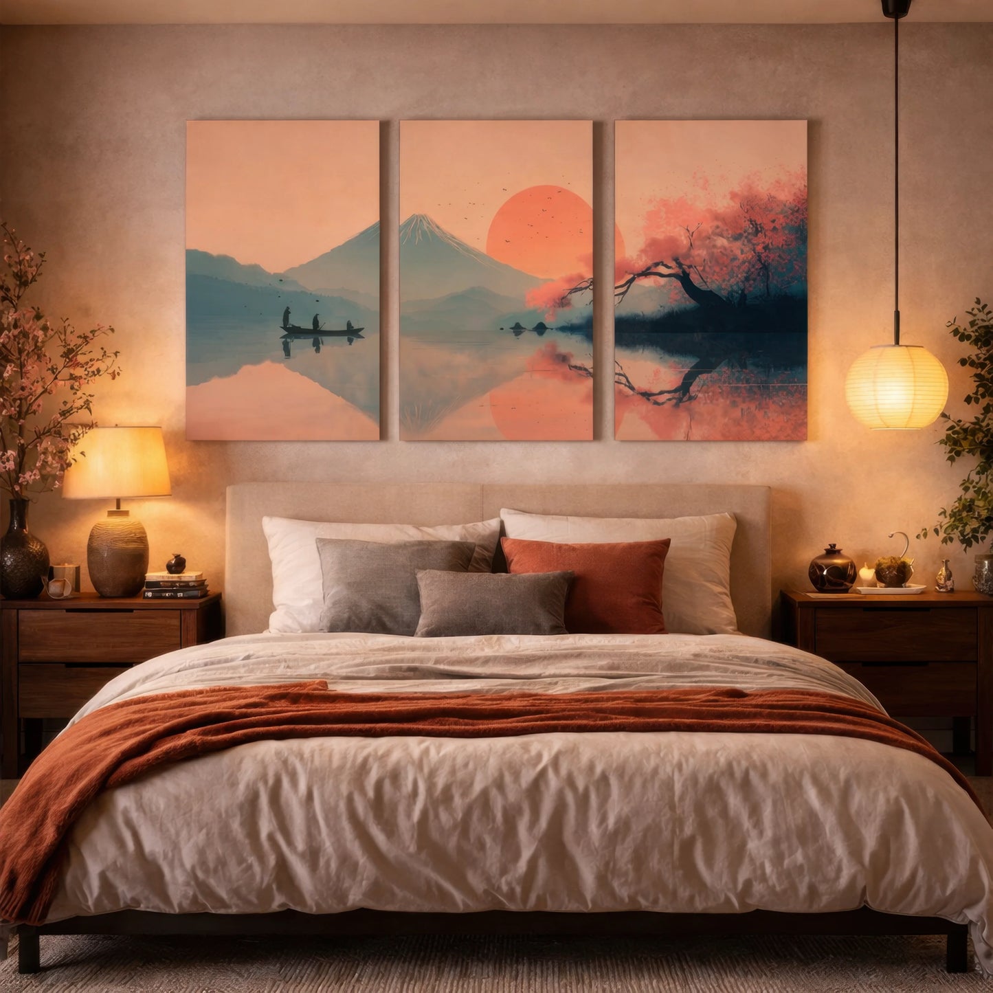 japanese mount fuji sunset triptych wall art installed above bed in warm japandi bedroom interior