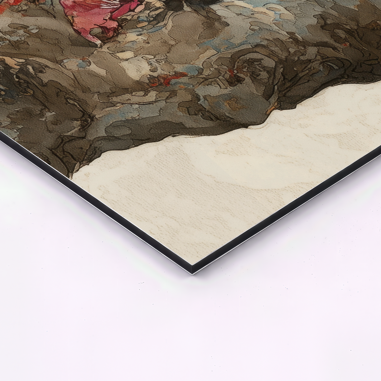 close up corner detail of japanese cherry blossom birds triptych aluminum wall art showing thin metal edge