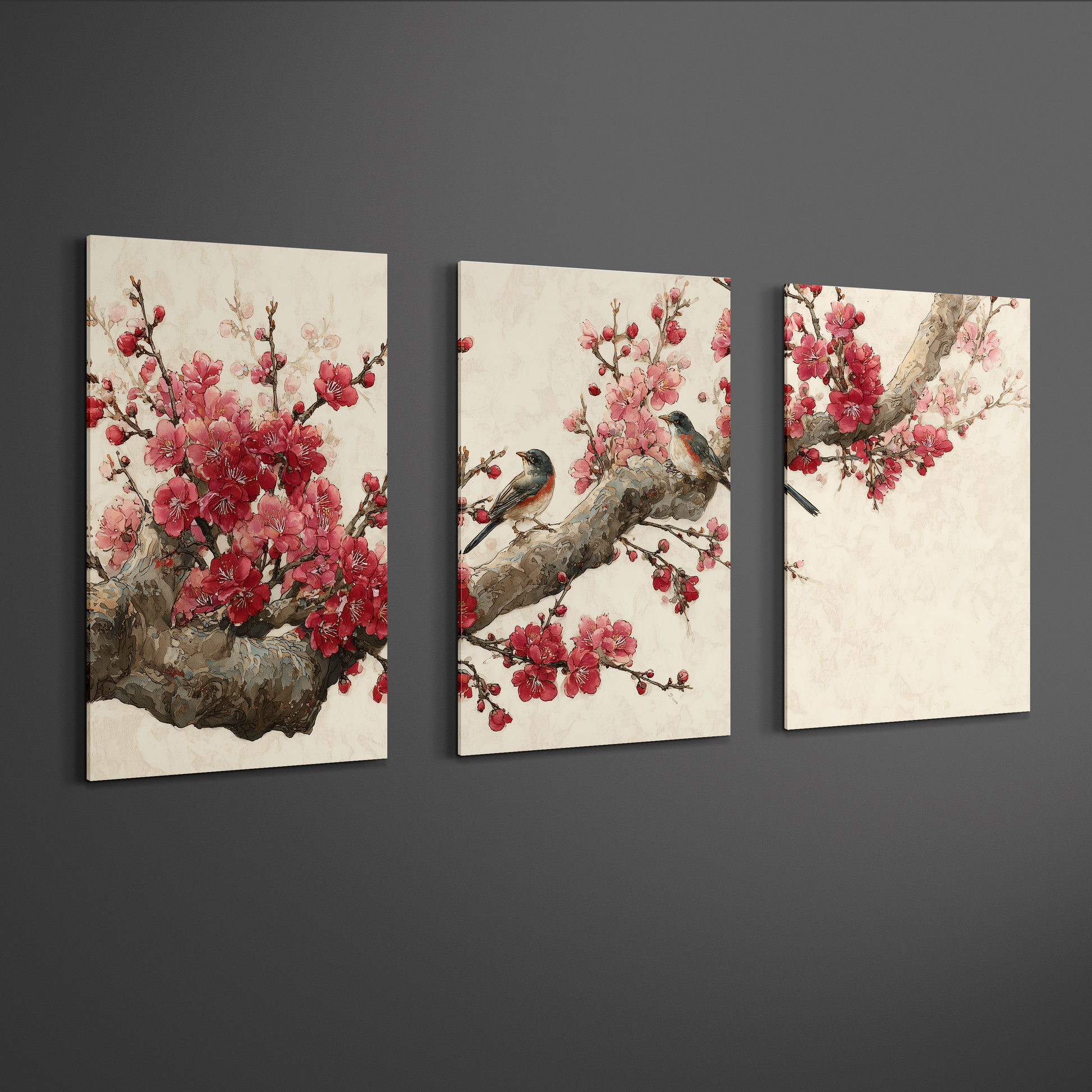 japanese cherry blossom branch with birds triptych wall art shown in angled gallery perspective