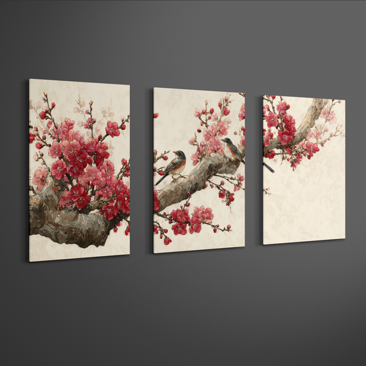 japanese cherry blossom branch with birds triptych wall art shown in angled gallery perspective