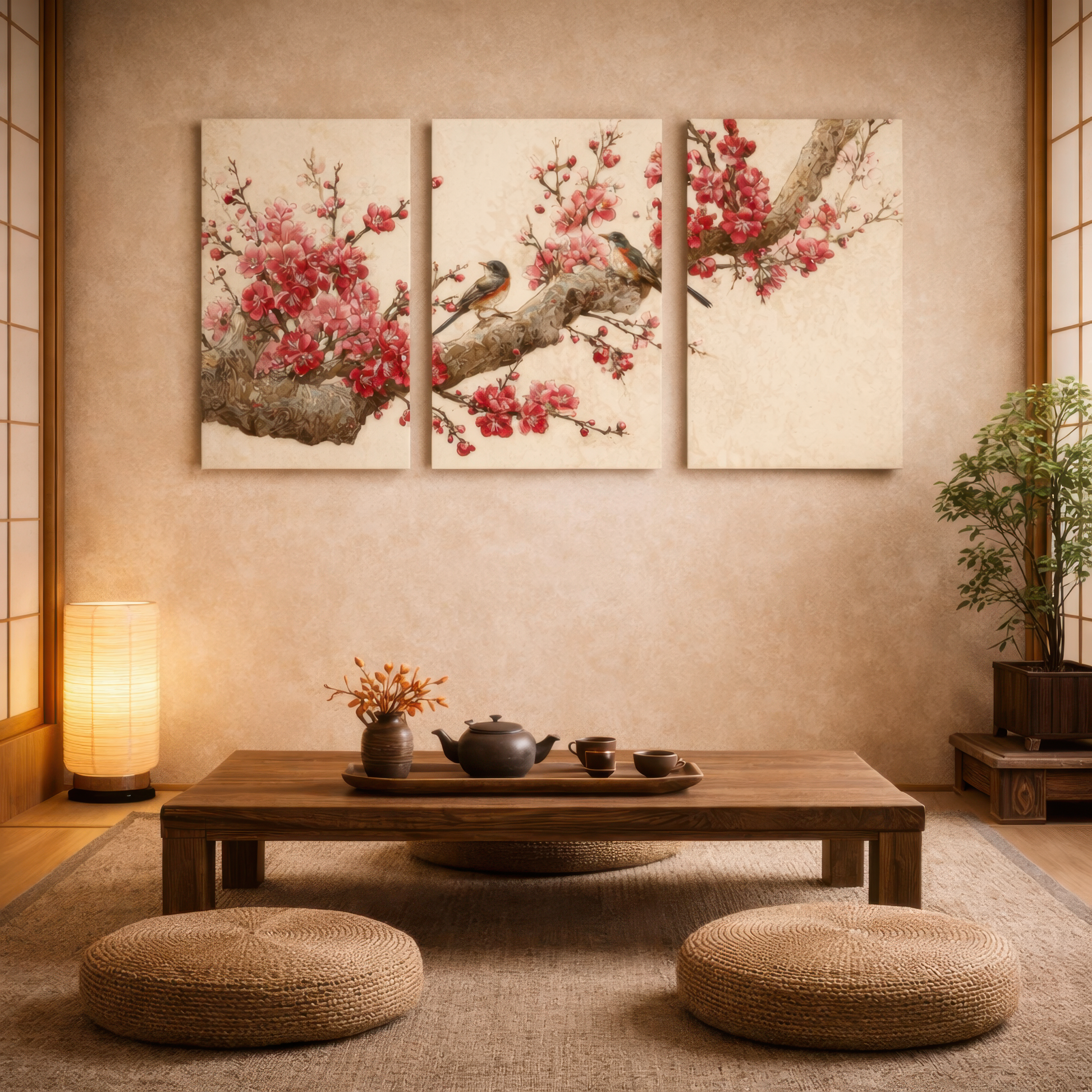 japanese cherry blossom birds triptych wall art displayed in serene japandi tea room interior